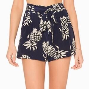 Rails Gigi Shorts Women S Navy Silk Pineapple Print Self Tie Belt Pockets Casual